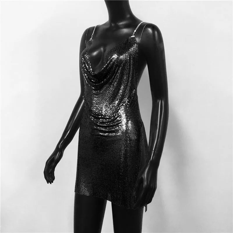 Backless Spaghetti Strap Metal Sequins Low Cut Dress