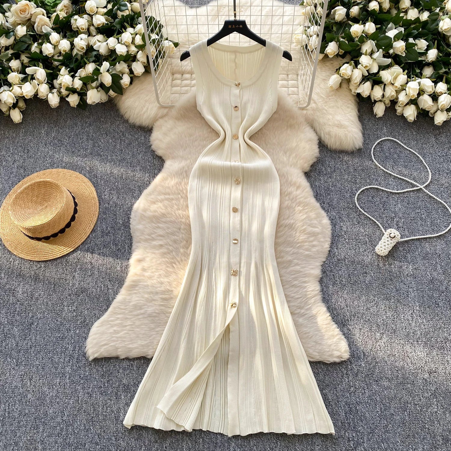 Elegant Office Lady Dress O Neck Sleeveless Knitted Bodycon Dress Sundress