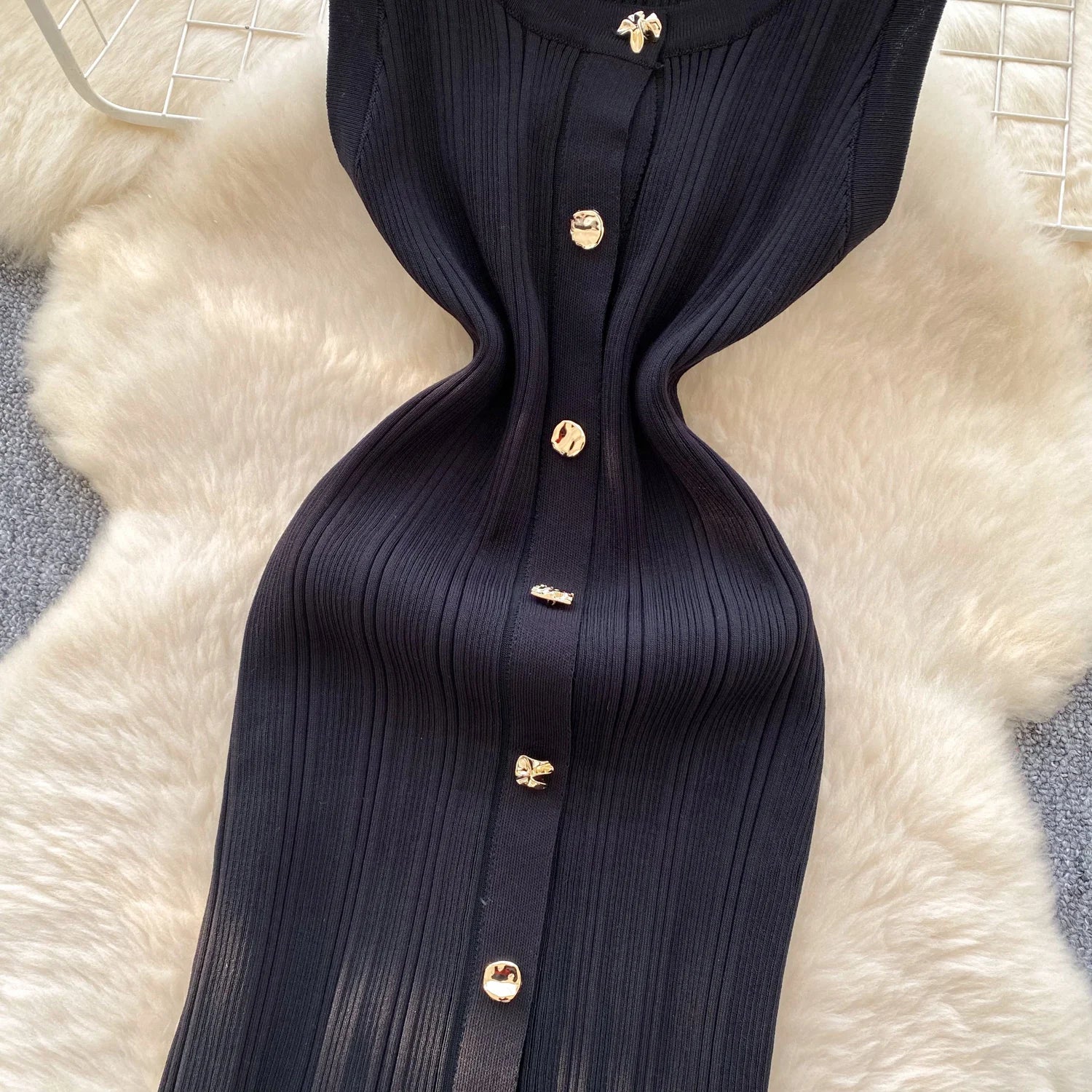 Elegant Office Lady Dress O Neck Sleeveless Knitted Bodycon Dress Sundress