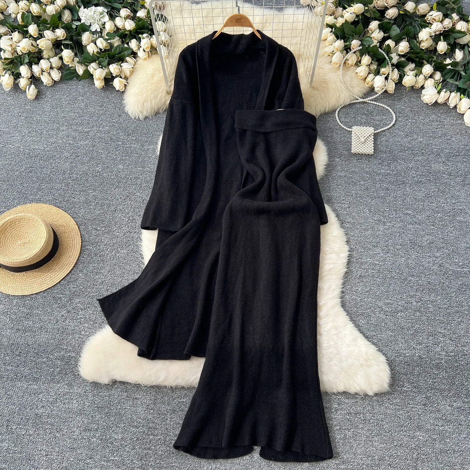 Long Sleeves Oversize Cardigan+Strapless Bodycon Dress Solid Knit 2pcs Sets