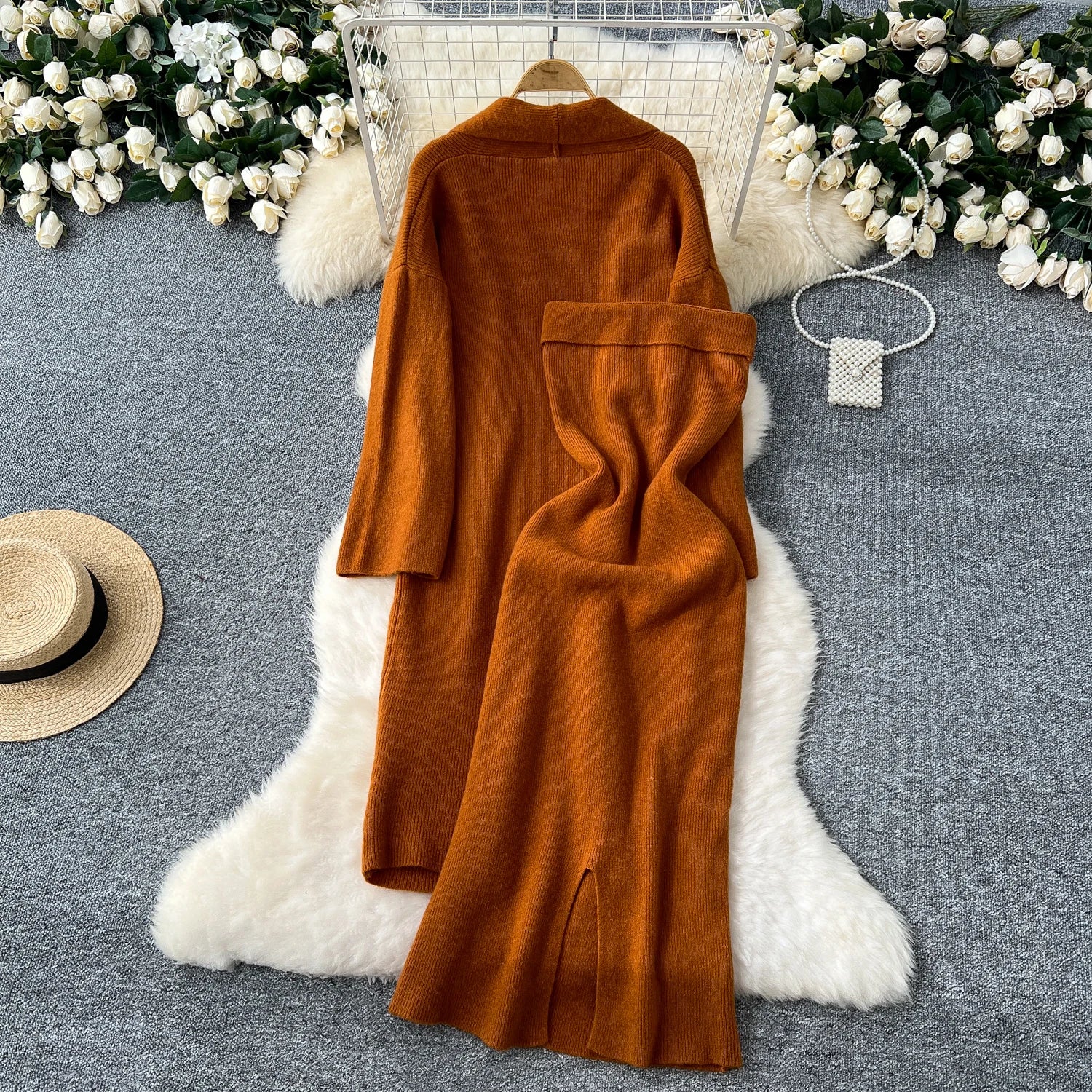 Long Sleeves Oversize Cardigan+Strapless Bodycon Dress Solid Knit 2pcs Sets