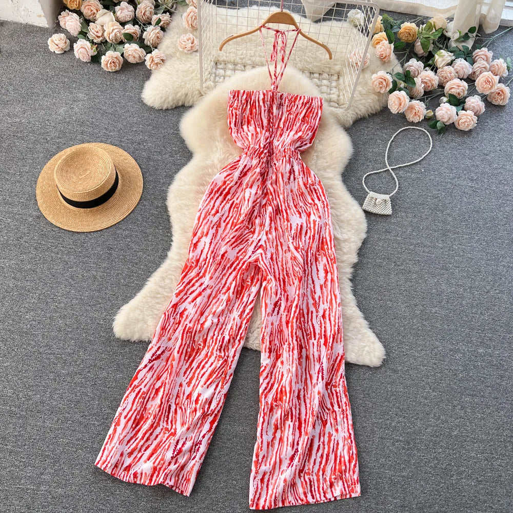 Halter Strapless Backless Loose Wide Legs Pants Beach Style Striped Jumpsuits