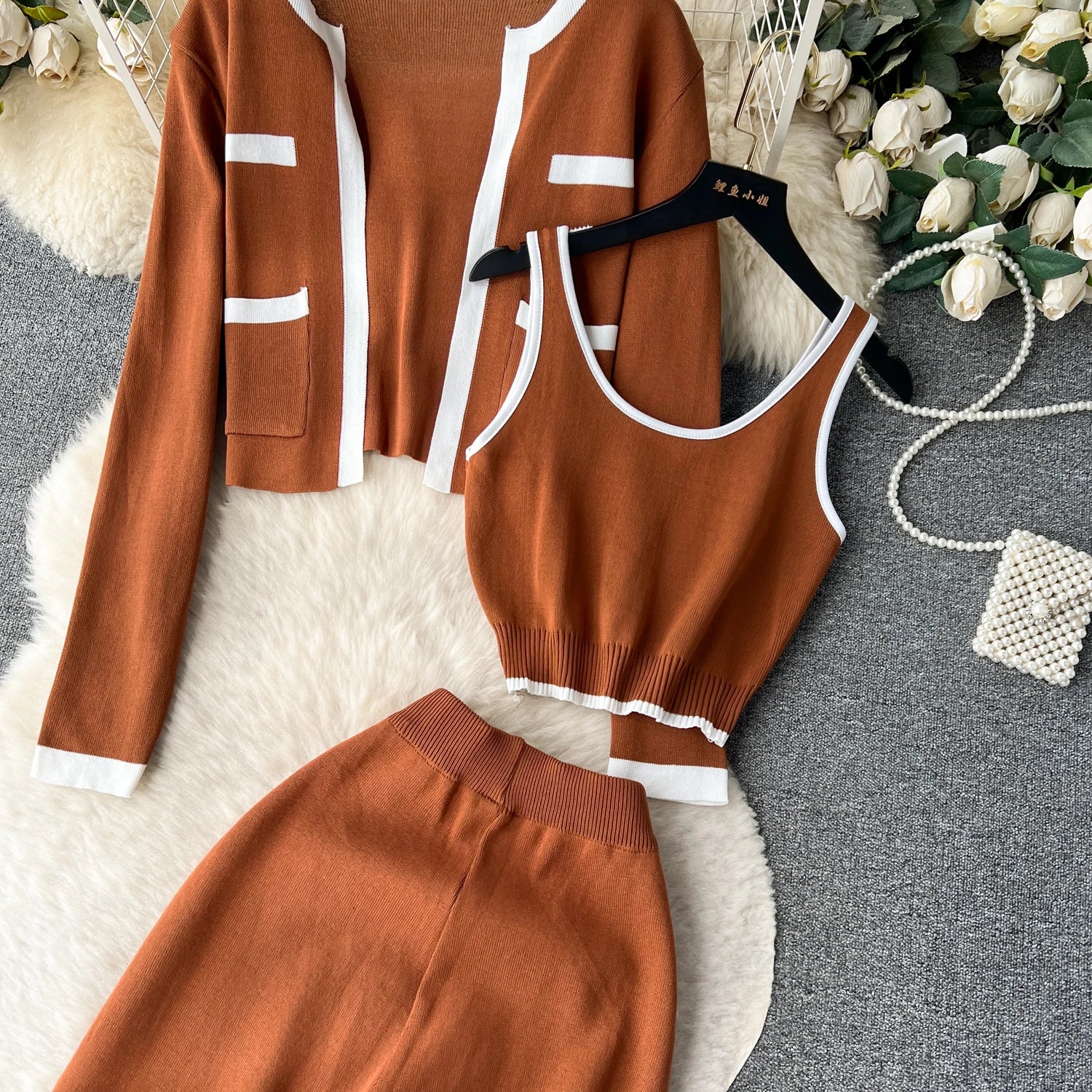 Three Pieces Sets Tank Top+Long Sleeves Short Cardigan+Elastic Long Pants Set