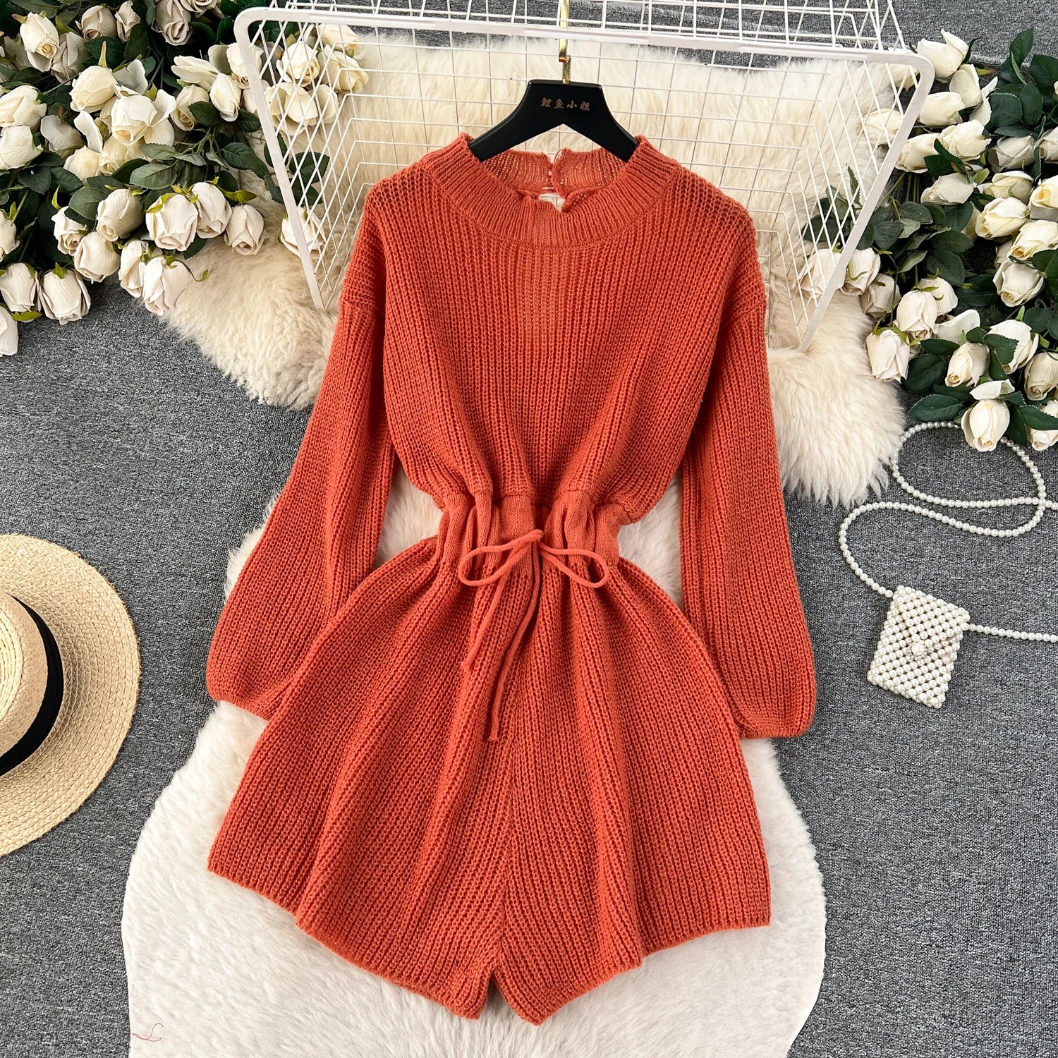 Korean Style Casual Bodysuits O Neck Long Sleeves Hollow Out Backless Drawstring Elastic Waist Shorts Jumpsuits