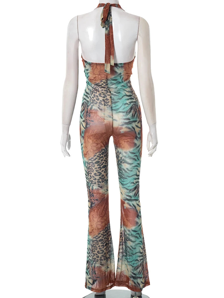 Leopard Print See Through V-Neck Halter Bandages Backless Jumpsuit