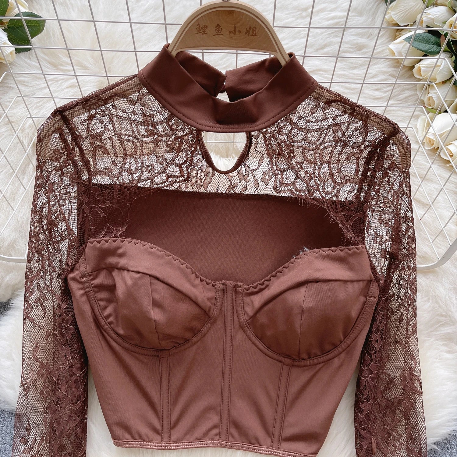 Chic Lace Hollow Out Strapless Long Sleeves Crop Top