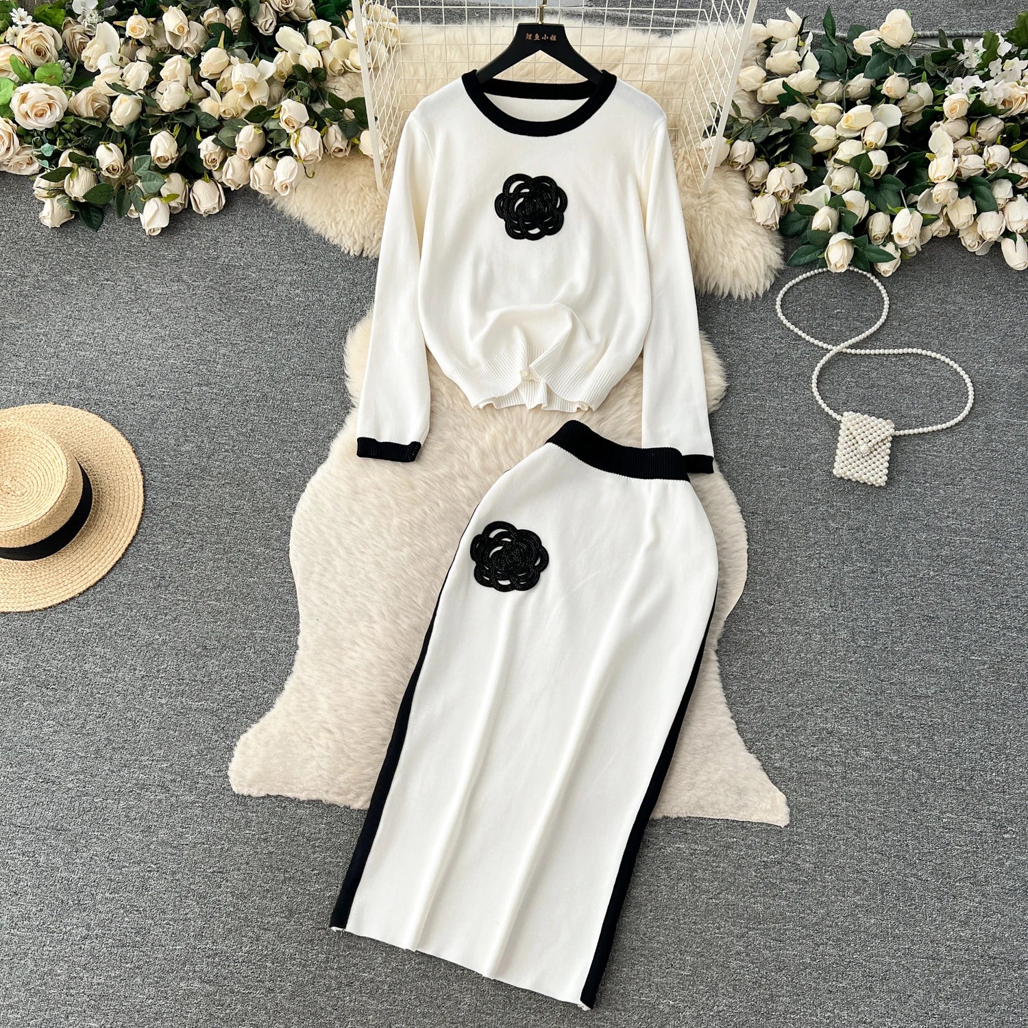 Long Sleeve Pullover Elastic Waist Long Skirt Sweater Suit