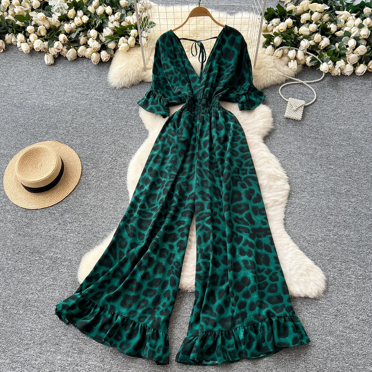 Flared Sleeves Elastic Waist Slim Fit Leopard Print Long Rompers Jumpsuit