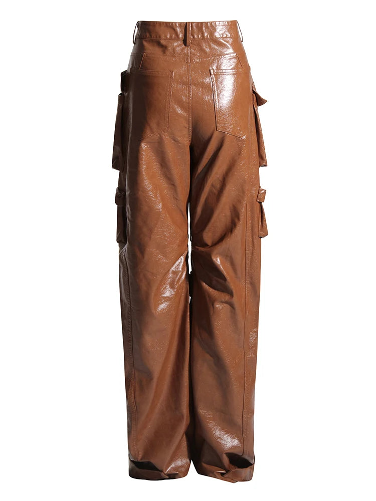 Patchwork Leather Cargo High Waist Tunic Loose  Trousers