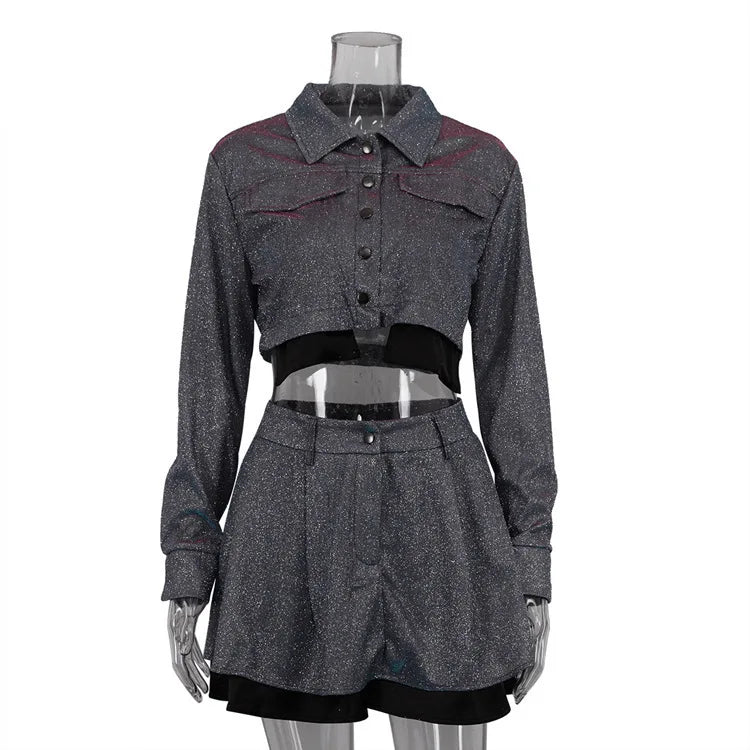 Turn-down Collar Bright Silk Long Sleeve Top Mini Skirt Two Piece Sets