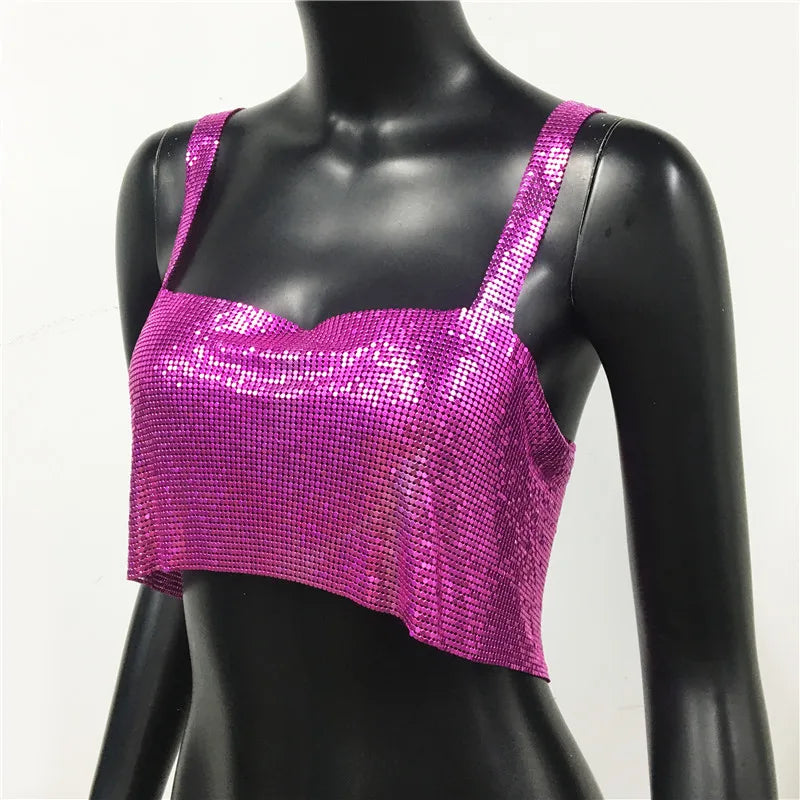 Bling Metallic Sequin Crop Top y2k Backless Straps Cropped Top