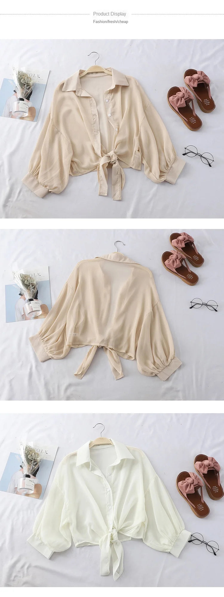 Casual Loose Hollow Elegant Solid Color Tied Waist Blouse