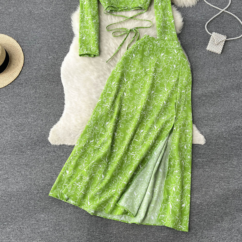 Chiffon Two Pieces Suits Lace Up Top+ Split Long Skirt Sets