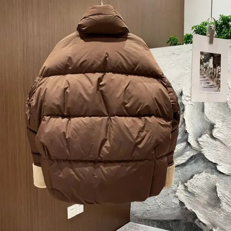 Down Coats Leather Short Puffer Jacket Fleece Thick Warm Windproof Parkas