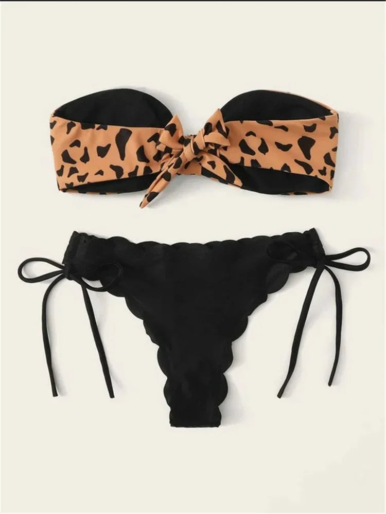 Lace Up Tie Bandeau Leopard Swimsuit Female Push Up Ruffled Bow Bathing Suit Swimwear