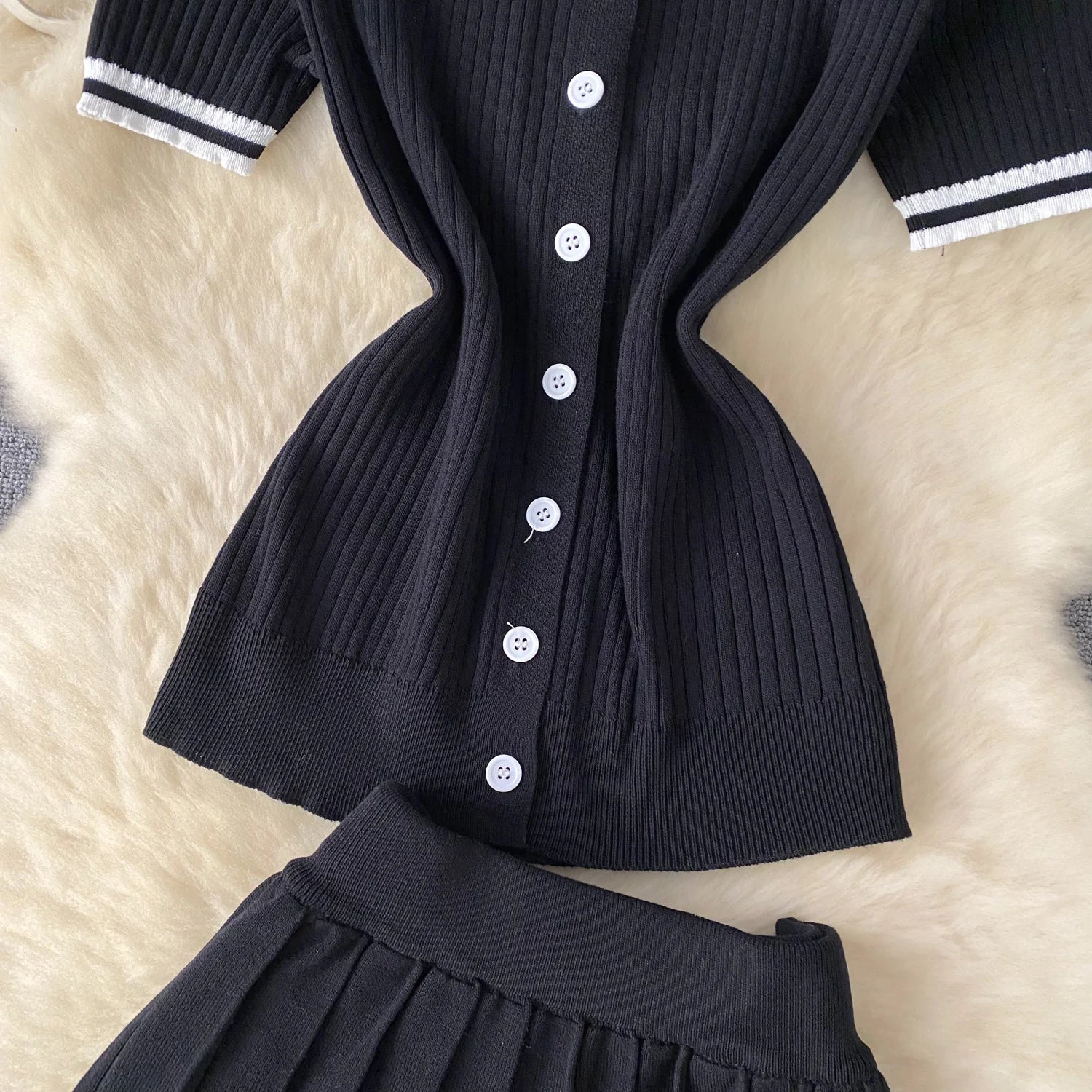 Short Sleeve Shirt+Pleated Skirt Two pcs Set