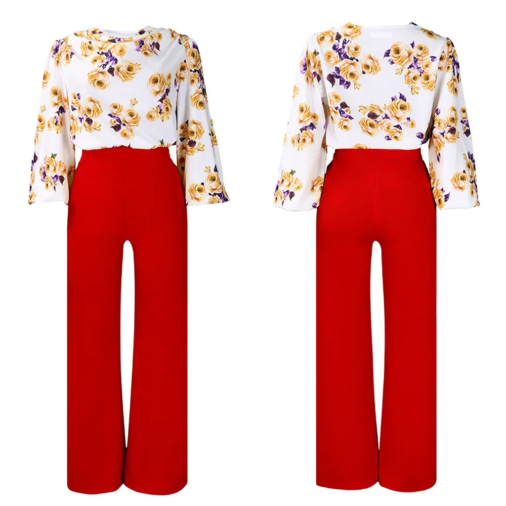 Two Piece Sets Slim Fit Print Floral Round Neck Lantern Sleeve Elegant Splice Wide Leg Long Pants