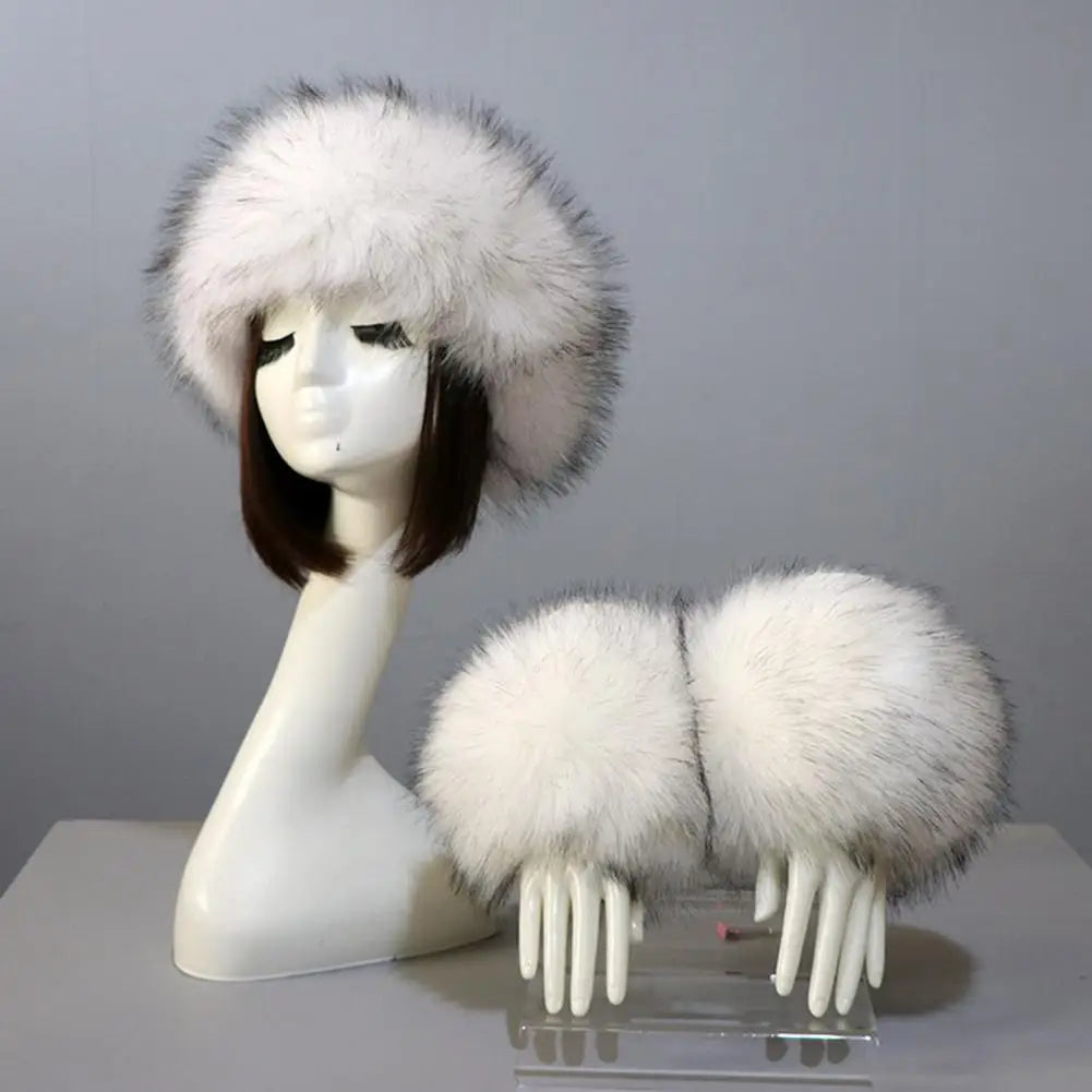 Fluffy Faux Fur Empty Top Soft Keep Warm Elastic Cozy Hat Cuffs Set for Outdoor