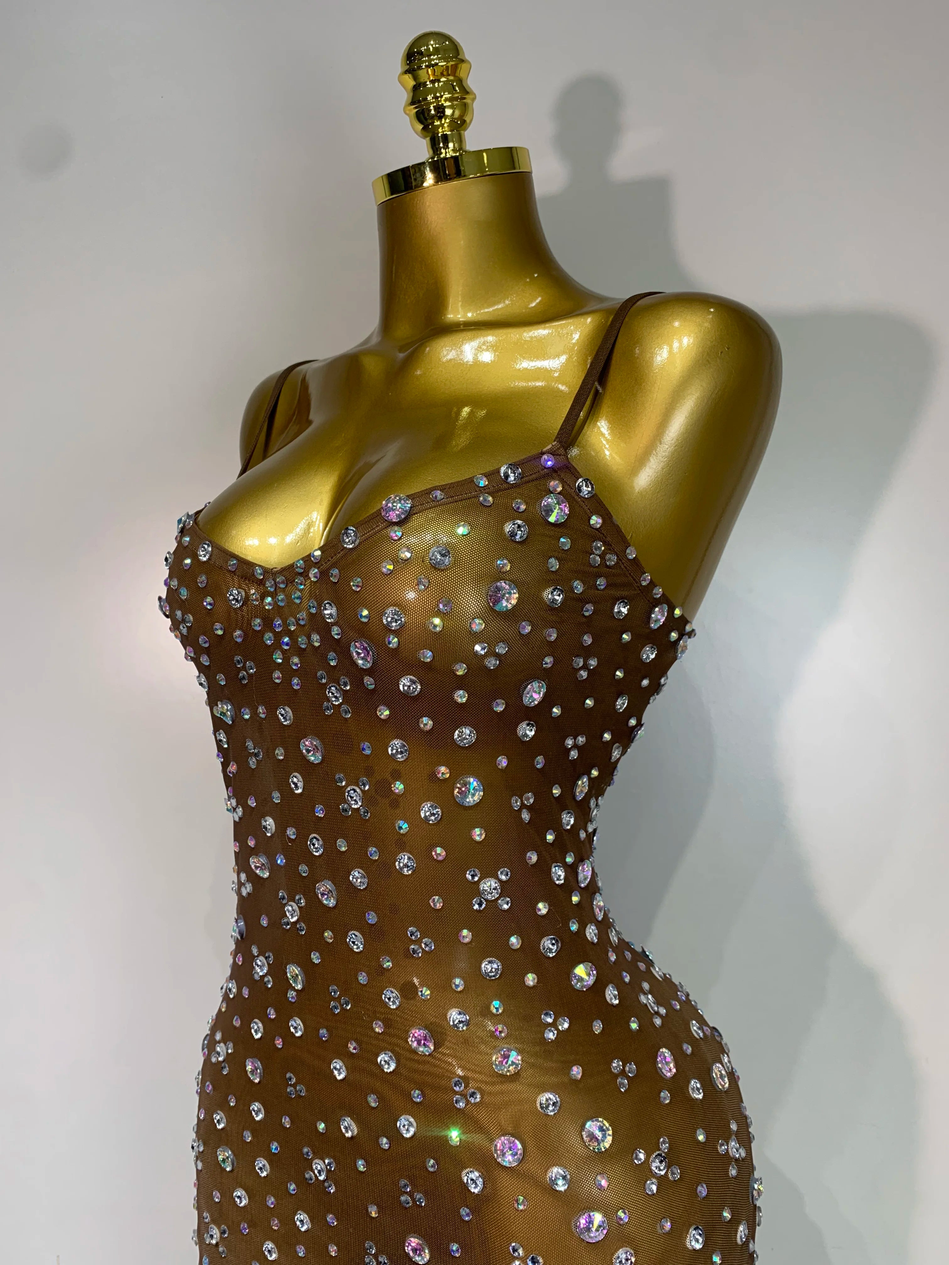 Sparkly Rhinestone See through Mesh Luxury Dress