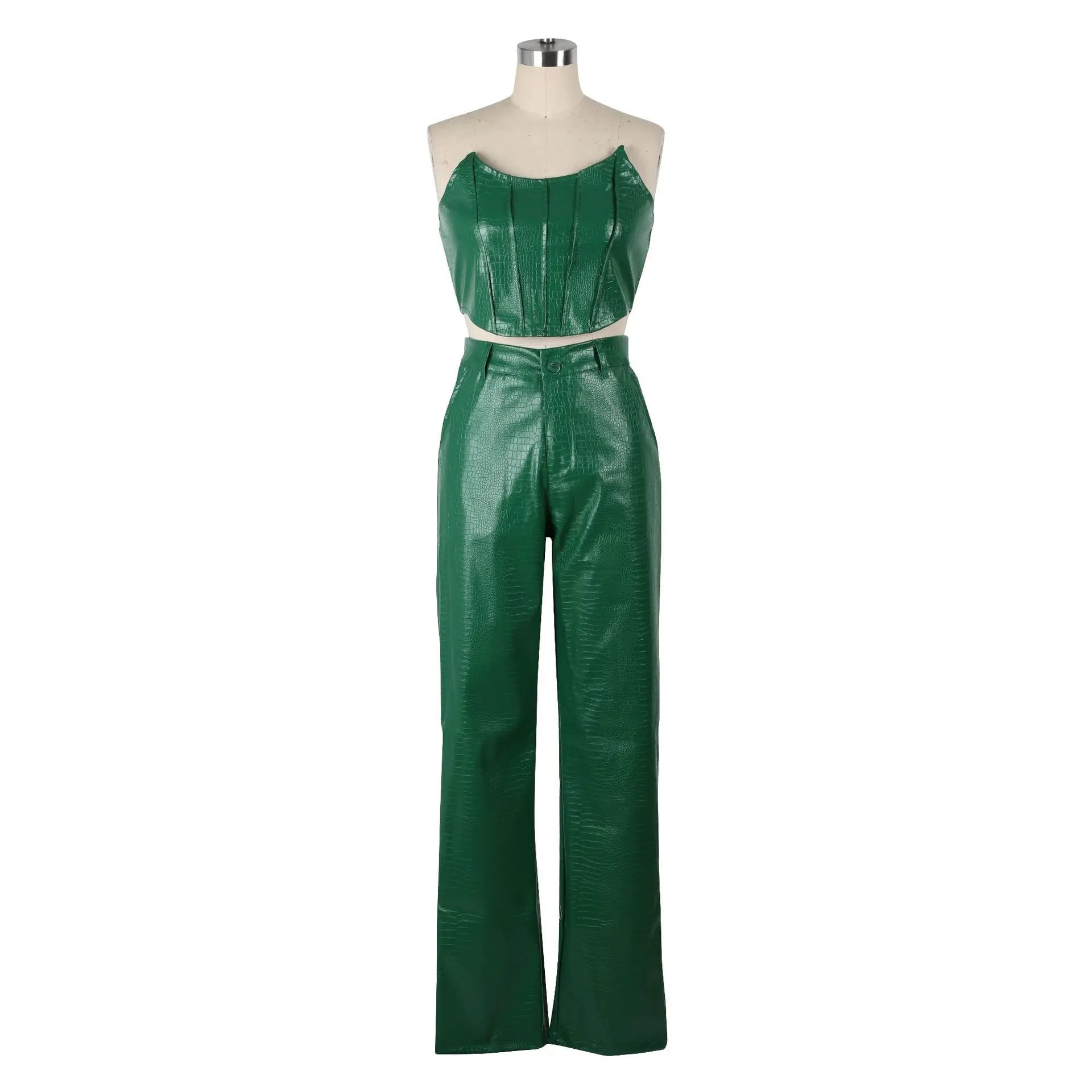 PU Leather Matching Cut-Out Cargo Sleeveless Jumpsuits 2 Piece Set