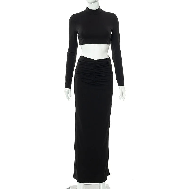 Elegant Long Sleeve Ruched Top and Skirts Two Piece Sets