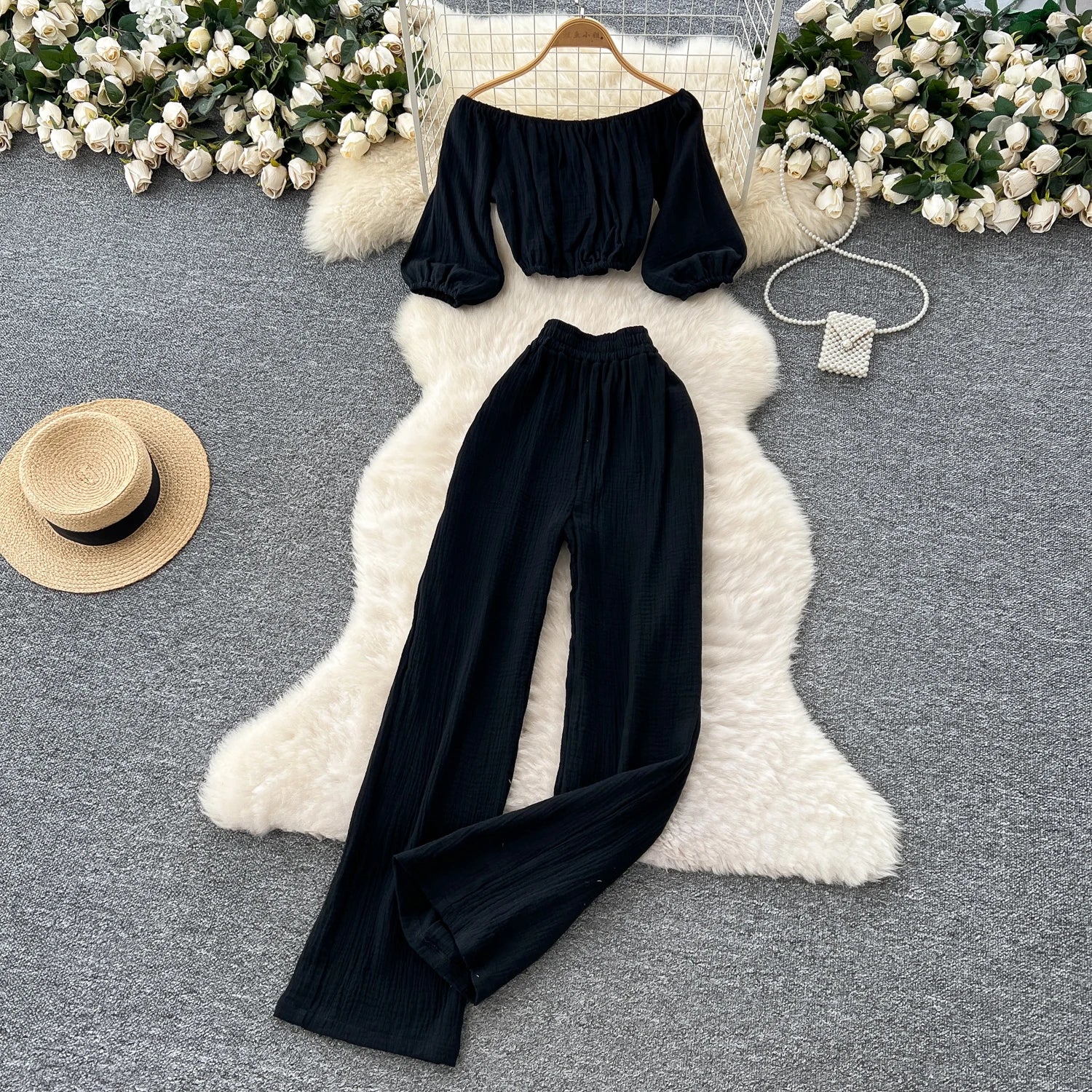 Lantern Sleeve Off Shoulder Crop Top+High Waist Wide Legs Pants Two Piece Set
