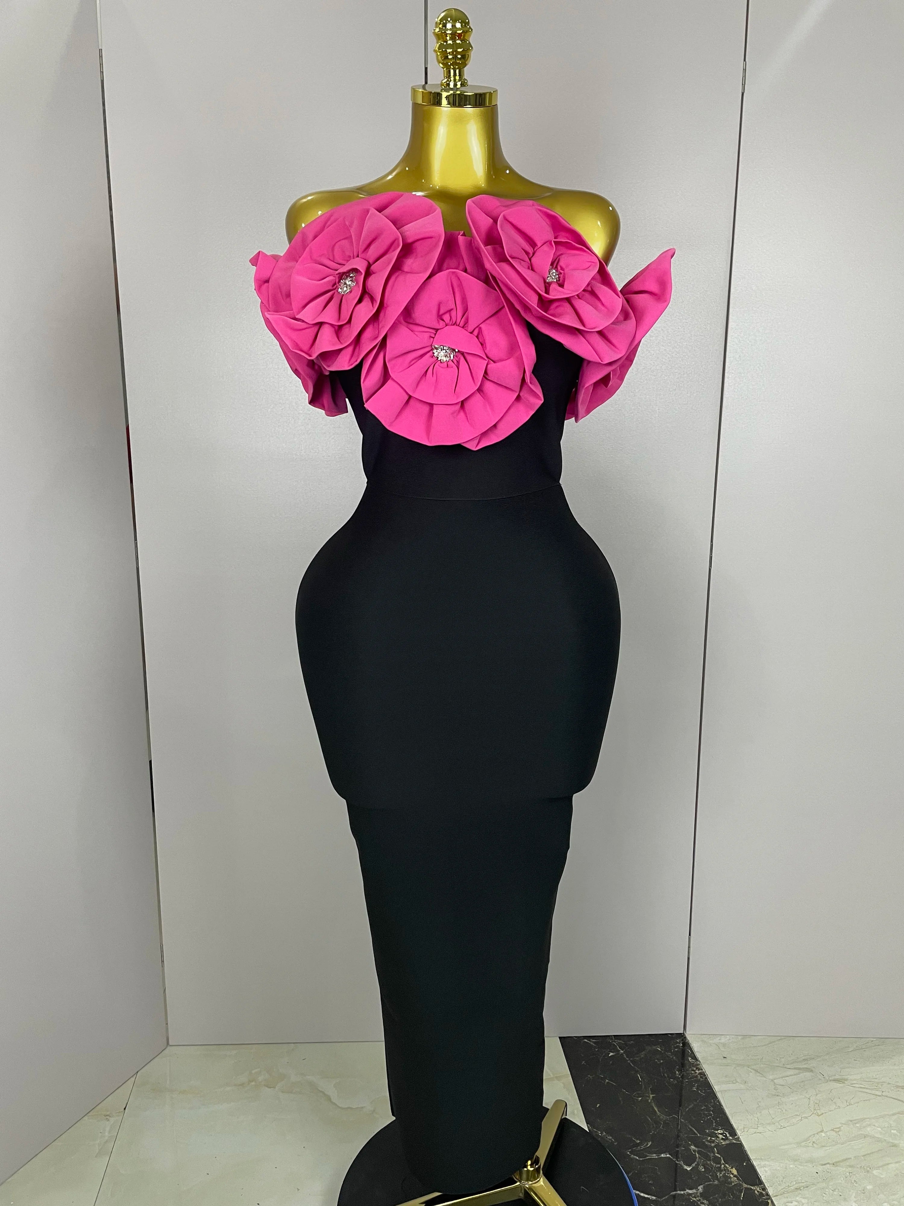 Stereoscopic Flowers Off The Shoulder Ankle Length Bandage Dress
