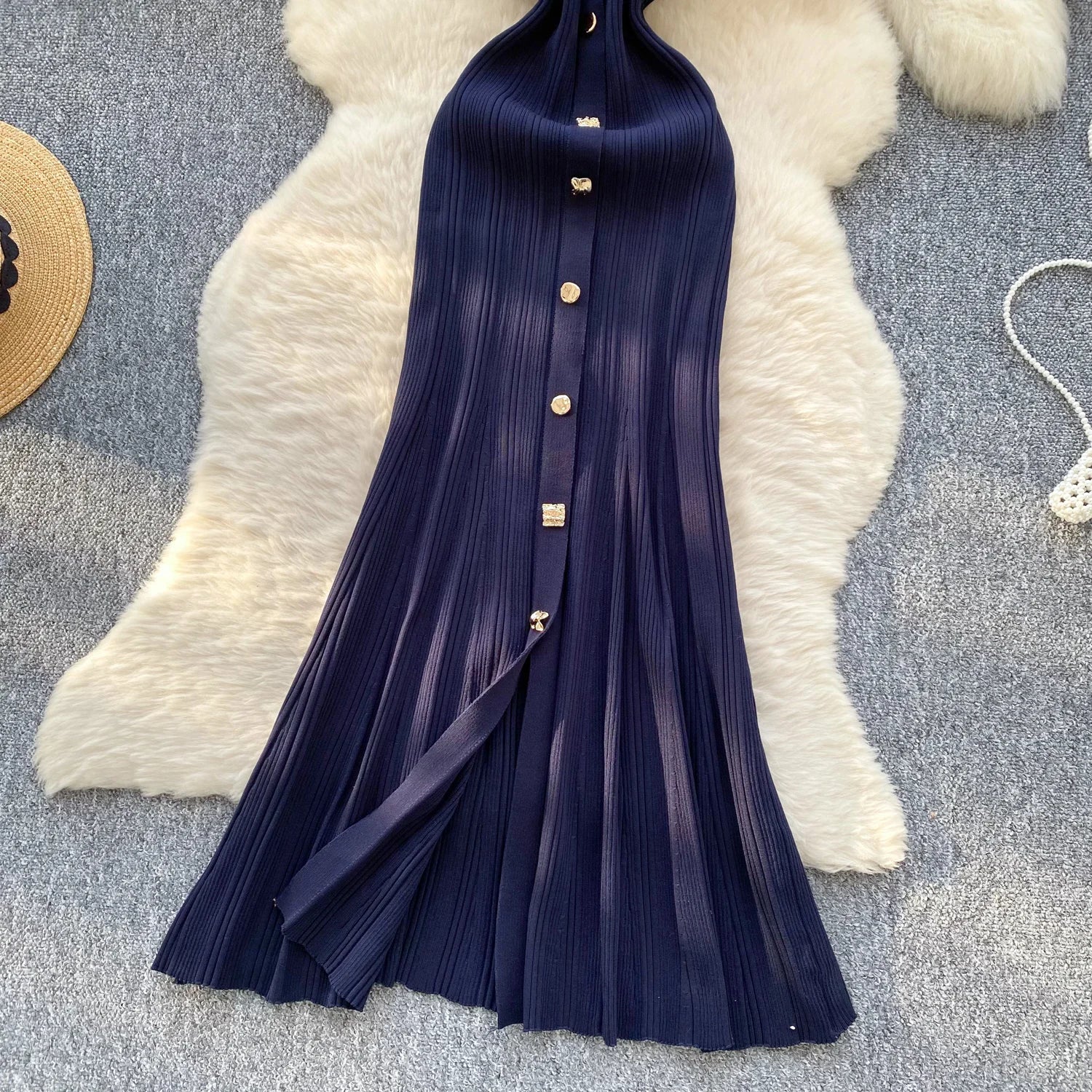 Elegant Office Lady Dress O Neck Sleeveless Knitted Bodycon Dress Sundress