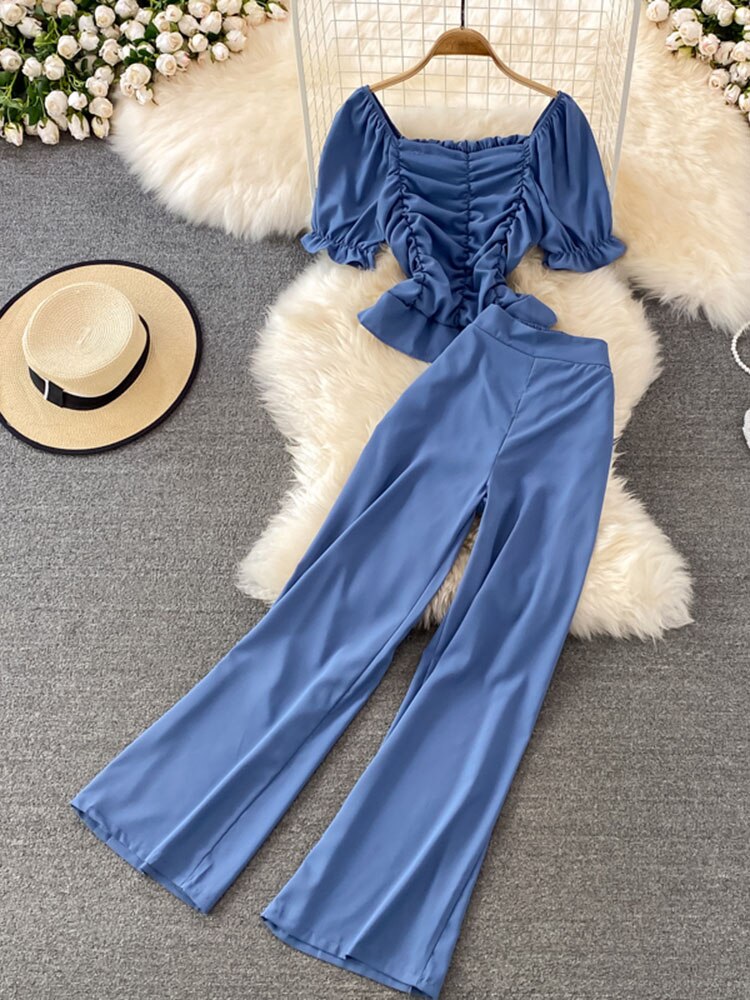 High Waist Drape Pants, Square Collar  Blouse Two-piece Suit