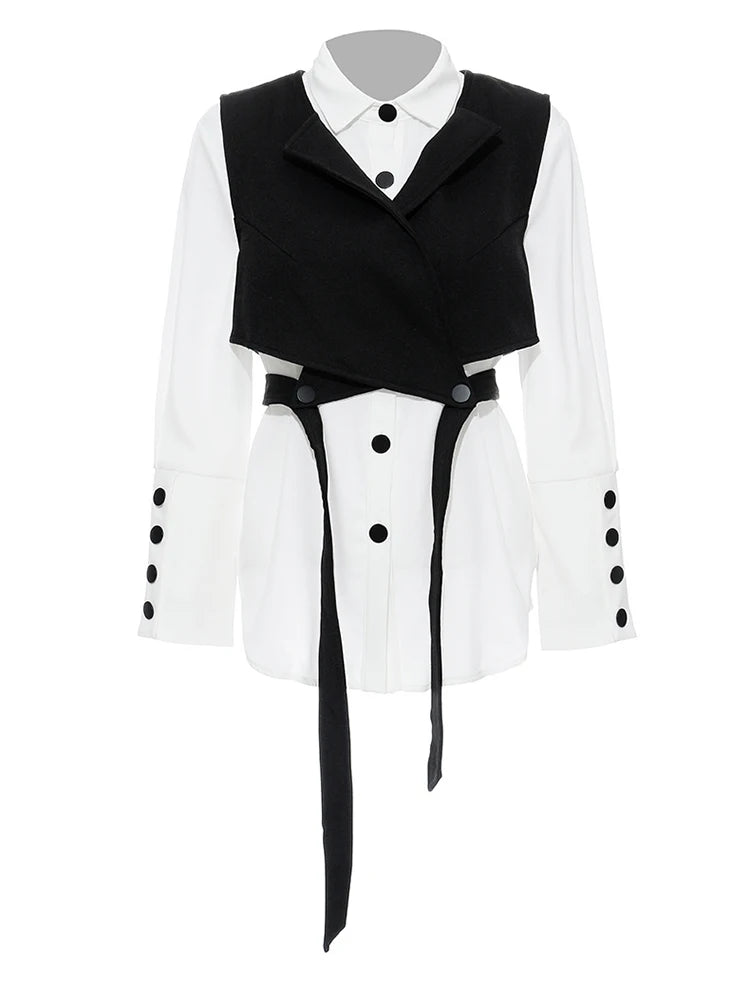 Bandage Vest Two Piece Lapel Long Sleeve Loose Fit Women Blouse