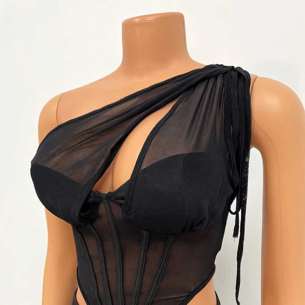 See Though Mesh One Shoulder Sleeveless Crop Top and Stacked Pants Suit Set