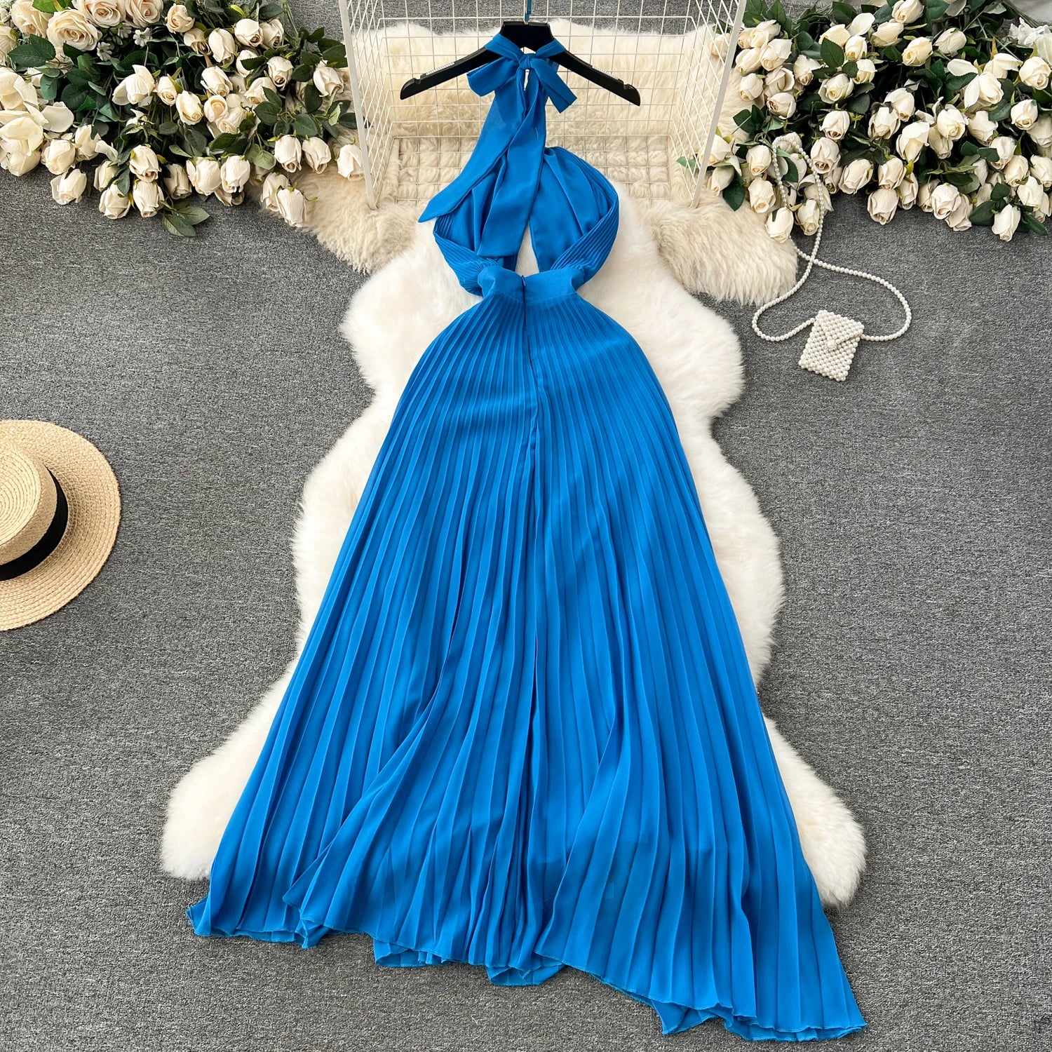 Halter Pleated Hollow Out Backless Solid Chic Sundress Irregular Long Beach Party Dress