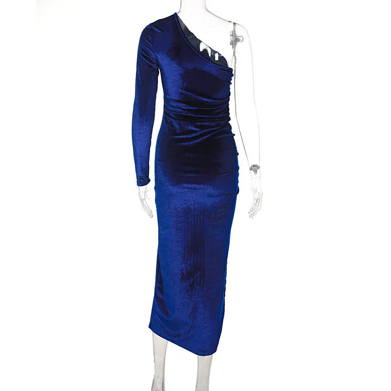 Elegant Long Sleeve Party Evening Velvet Bodycon Split Pencil Midi Dress