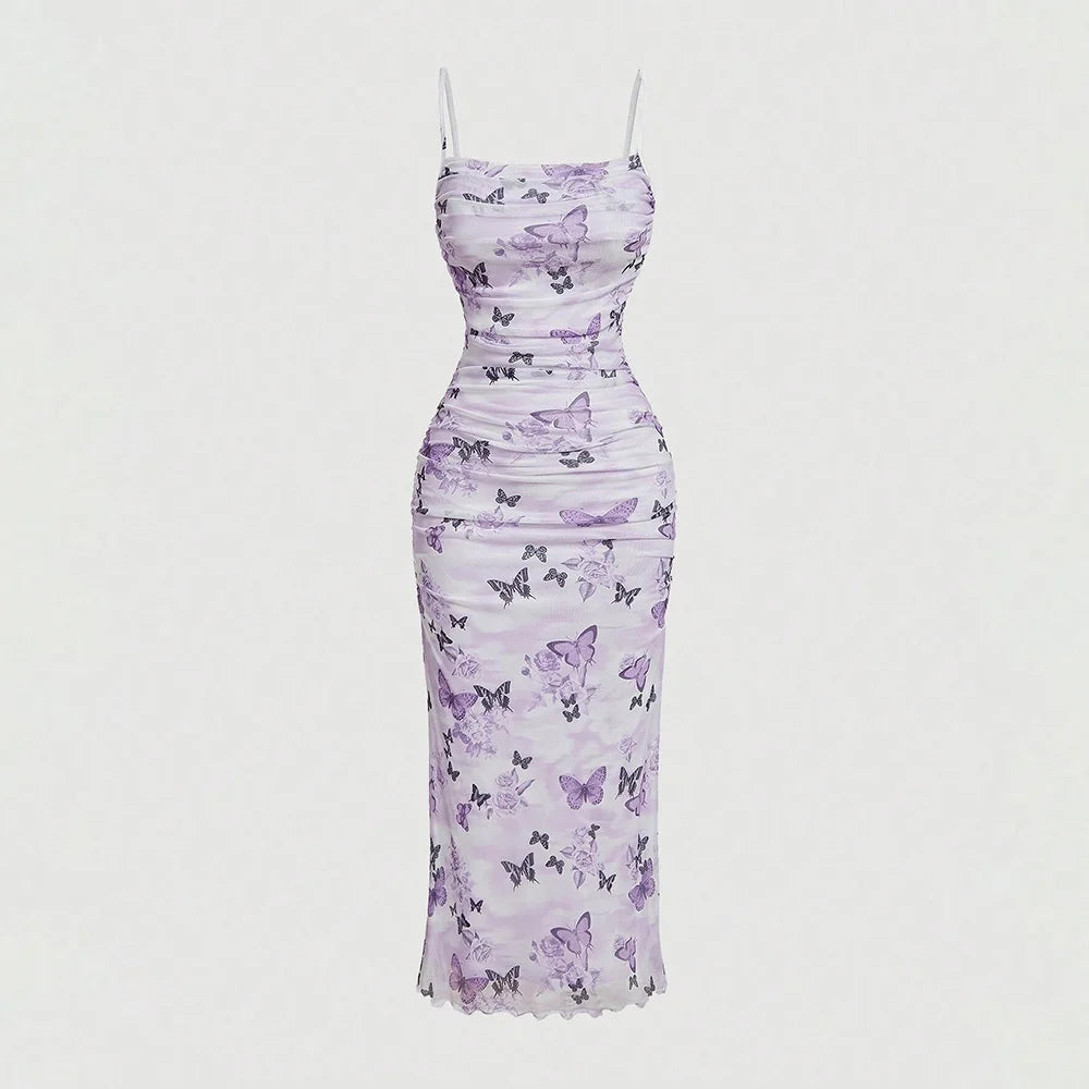 Graphic Print Sleeveless Square Neck Folds Skinny Fit Milkmaid Dress