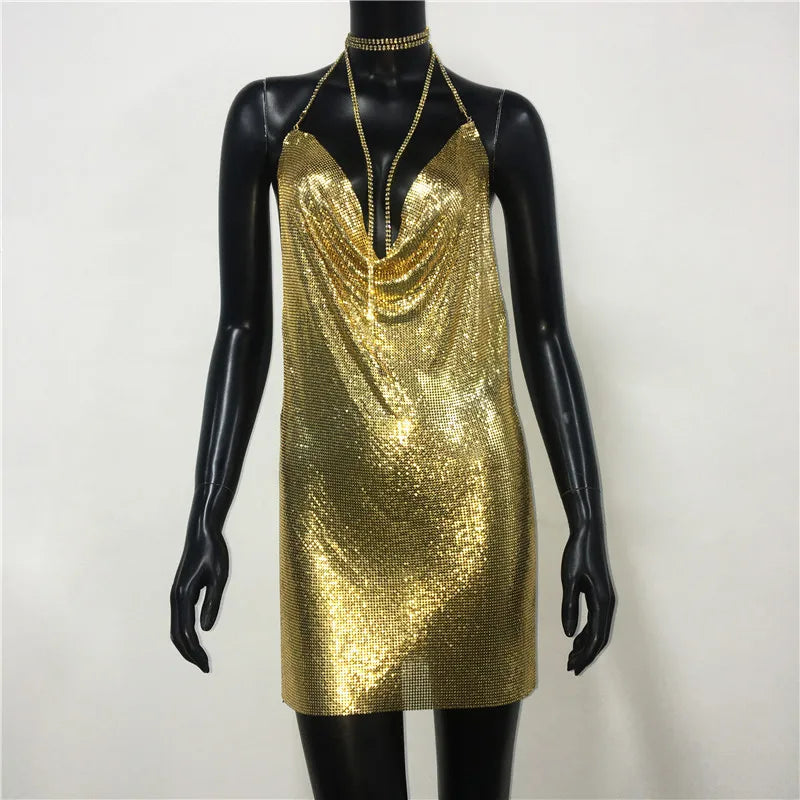 Backless Spaghetti Strap Metal Sequins Low Cut Dress