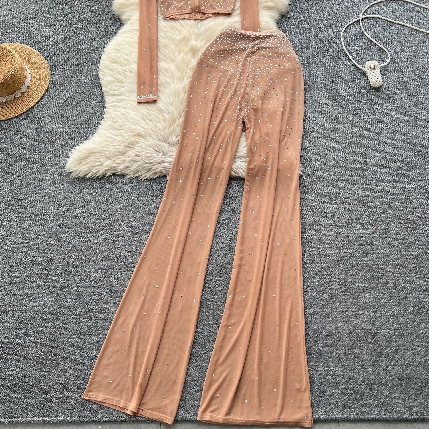 See Through Mesh Rhinestone Chic Two-piece Sets