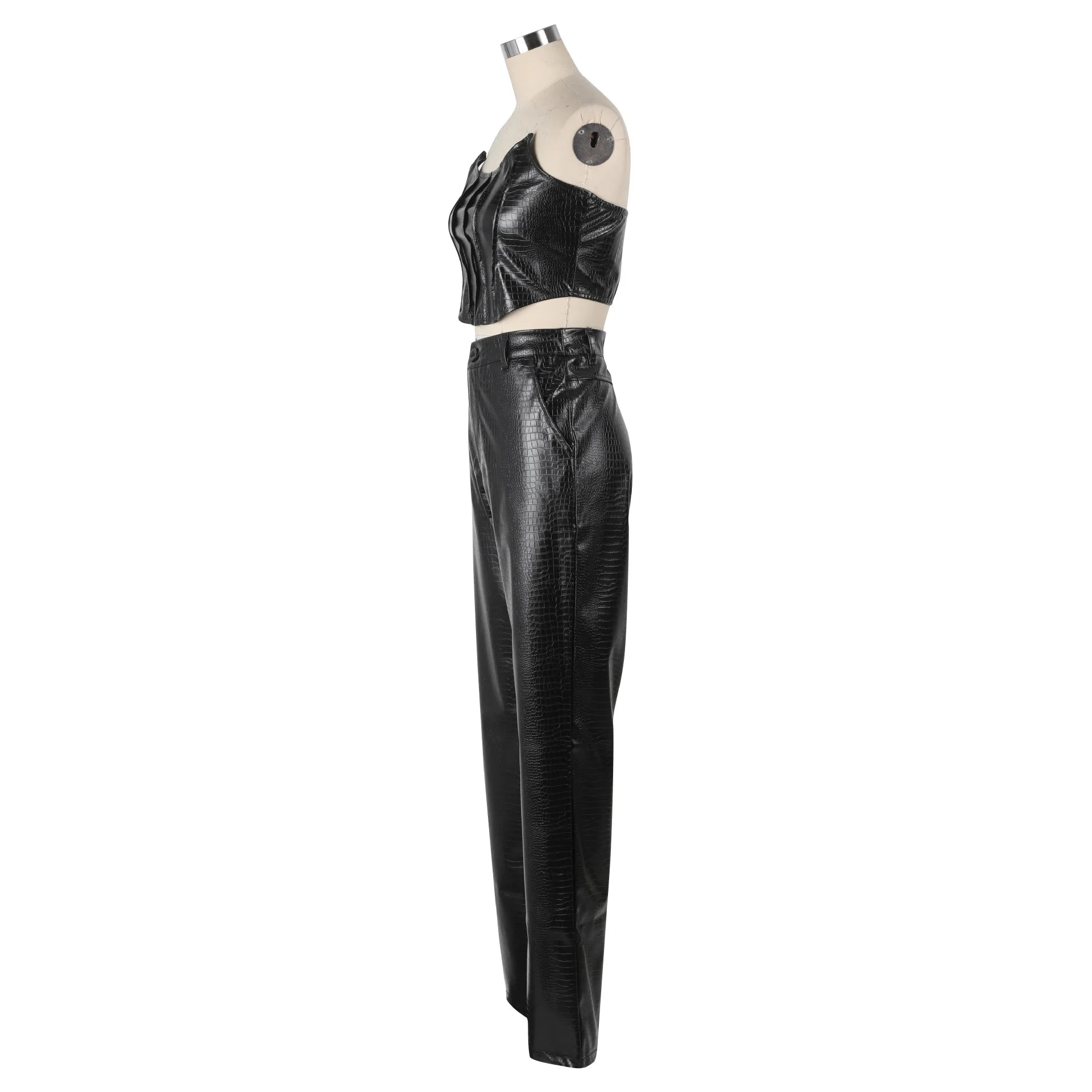 PU Leather Matching Cut-Out Cargo Sleeveless Jumpsuits 2 Piece Set