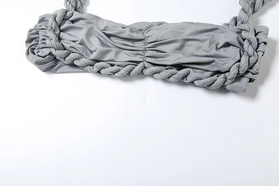 Square Collar Top+Skinny Long Skirts Bandage Ruched  2 Piece Set