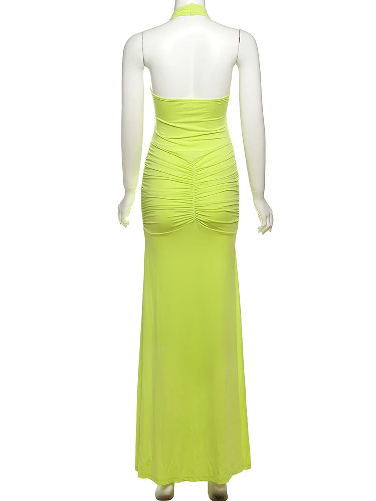 Backless Tassel Pleated Patchwork Halter Sleeveless Dress