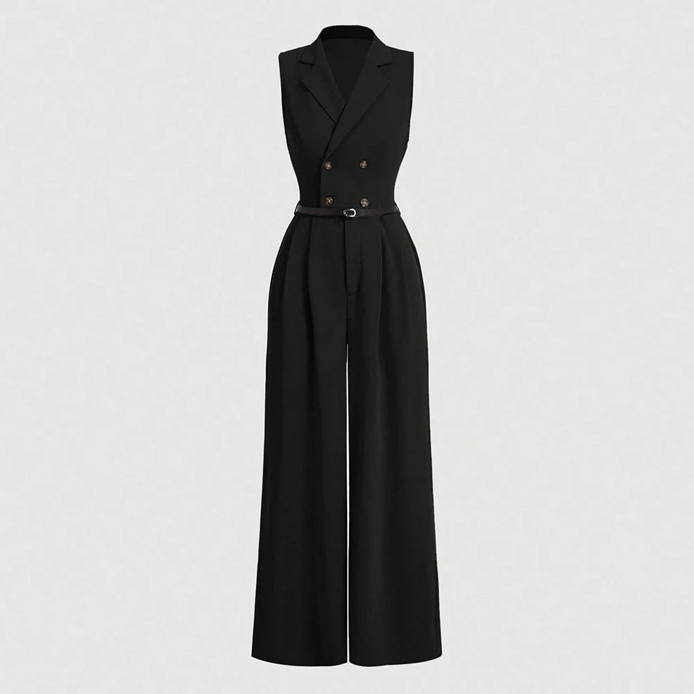 Plain Sleeveless Shawl Collar Full Length Straight Jumpsuits