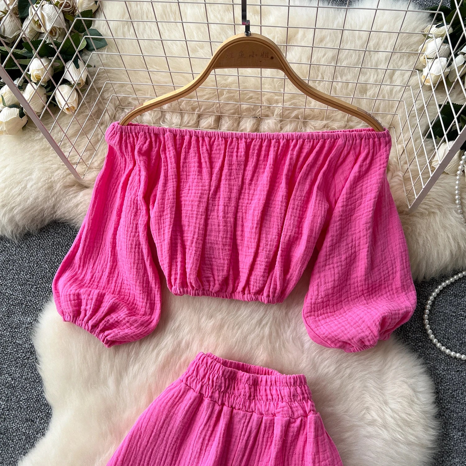 Lantern Sleeve Off Shoulder Crop Top+High Waist Wide Legs Pants Two Piece Set
