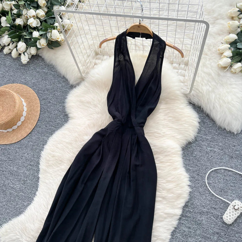 Backless Halter Lace Up Draped Chic Jumpsuit