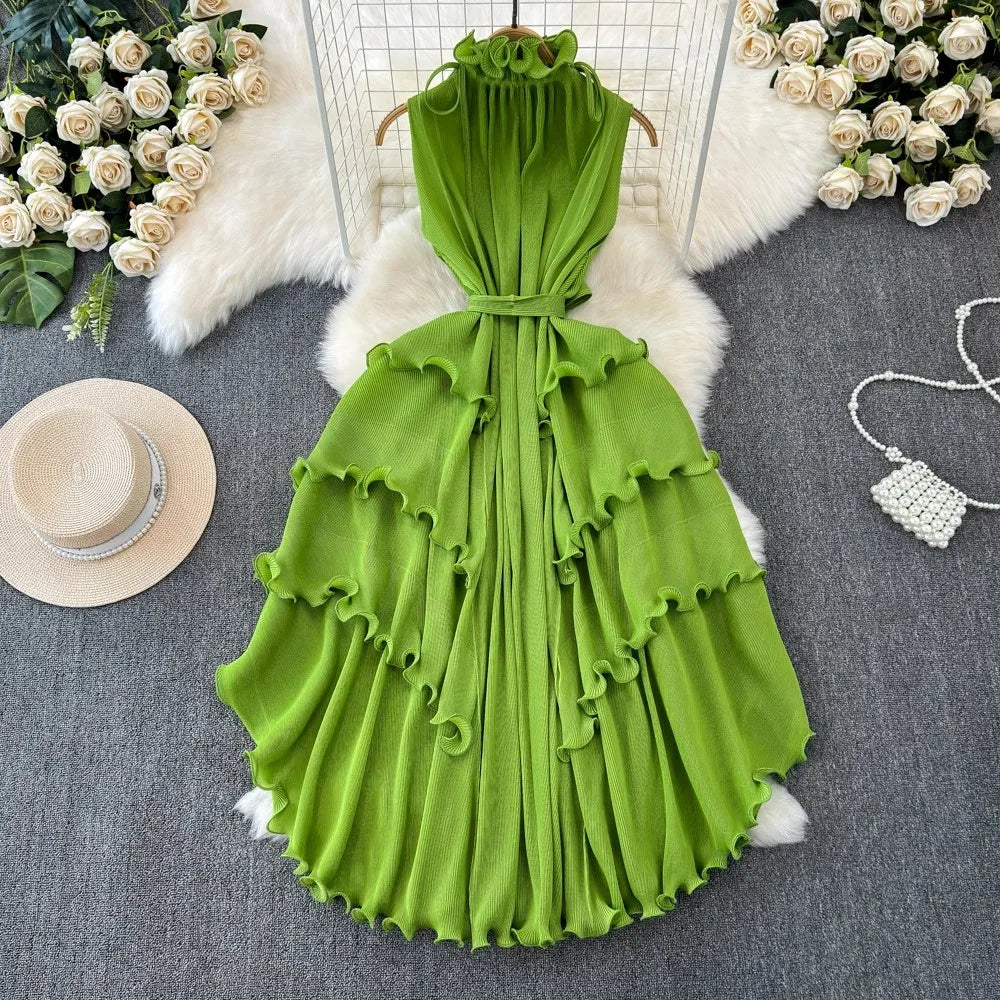 Pleated Stand Collar Lace Up Sleeveless Elastic Oversized Ruffles Dress