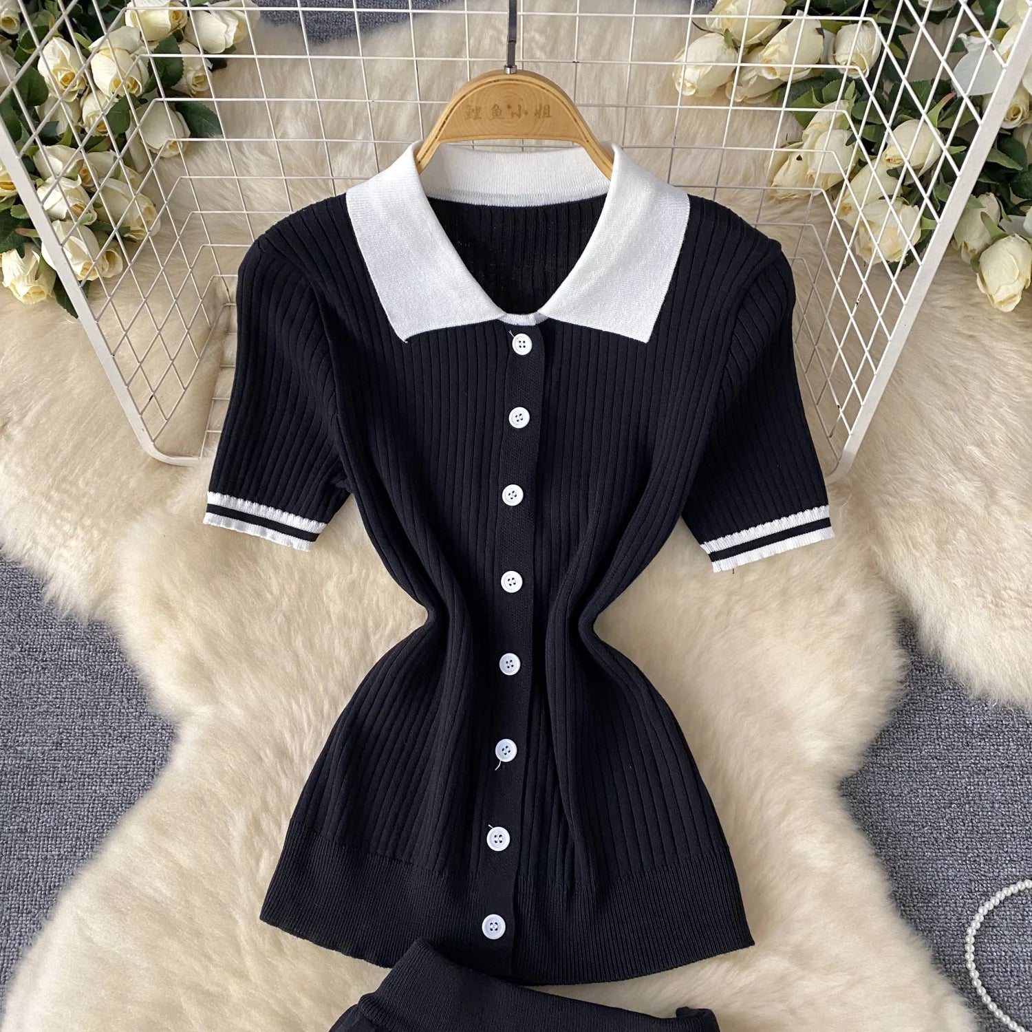 Short Sleeve Shirt+Pleated Skirt Two pcs Set