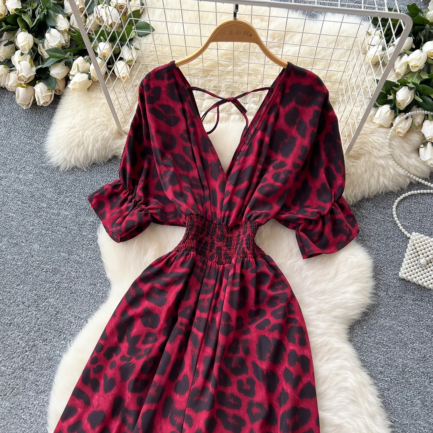 Flared Sleeves Elastic Waist Slim Fit Leopard Print Long Rompers Jumpsuit