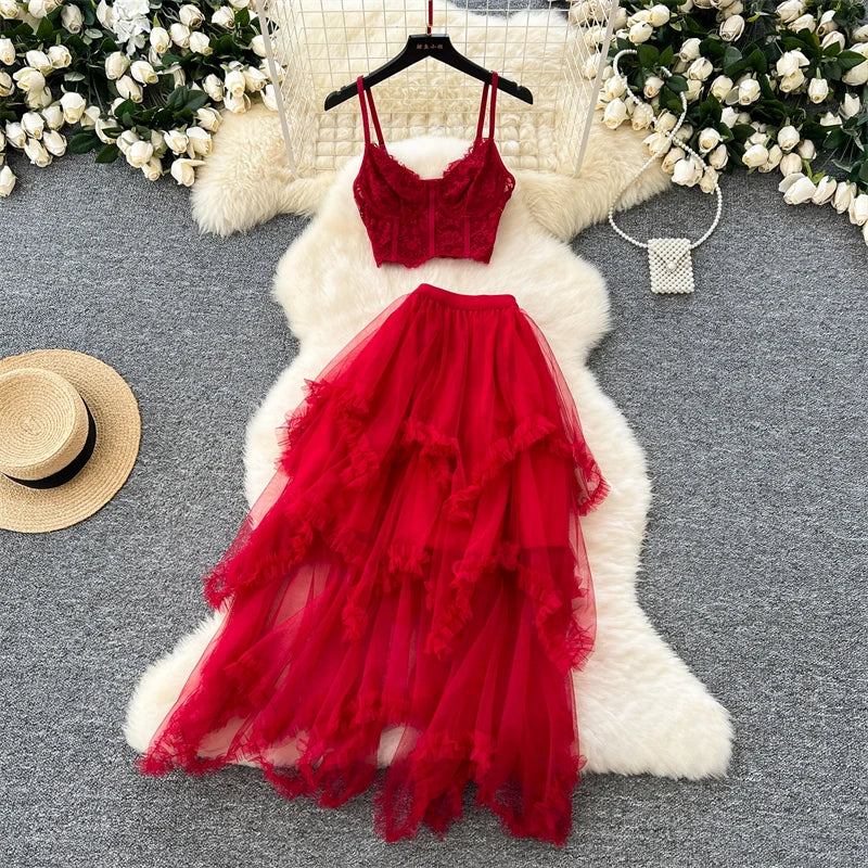 Vintage Sleeveless Lace Crop Top with A-Line Mini Skirt