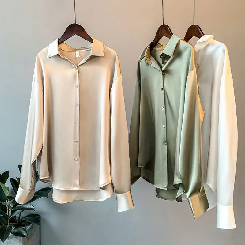 Vintage Satin Blouse Long Sleeve Button Loose Shirts
