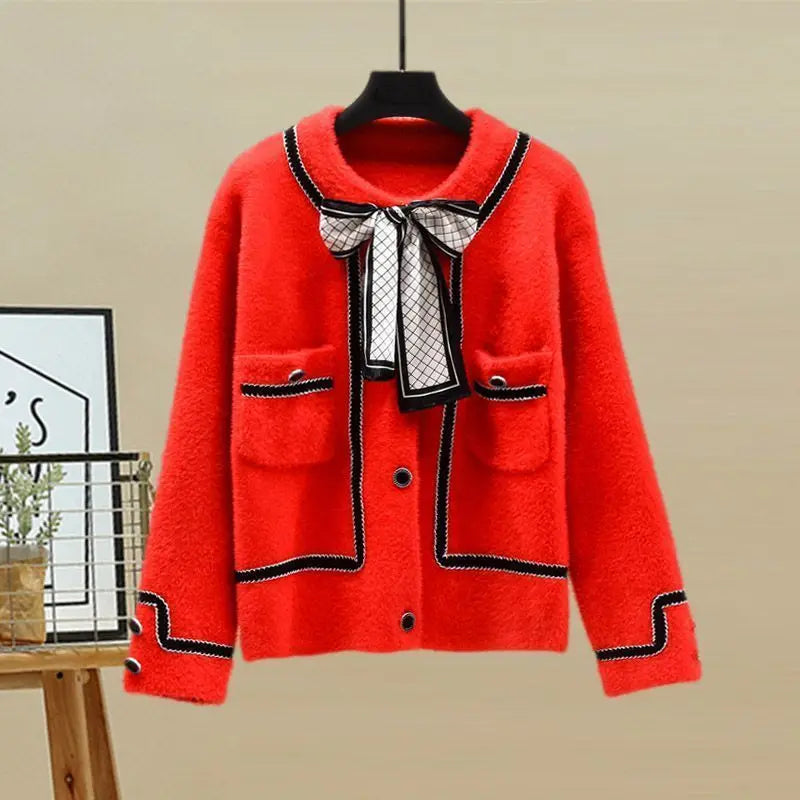 Bow Tie Cardigan Plaid Skirt Two-piece Set