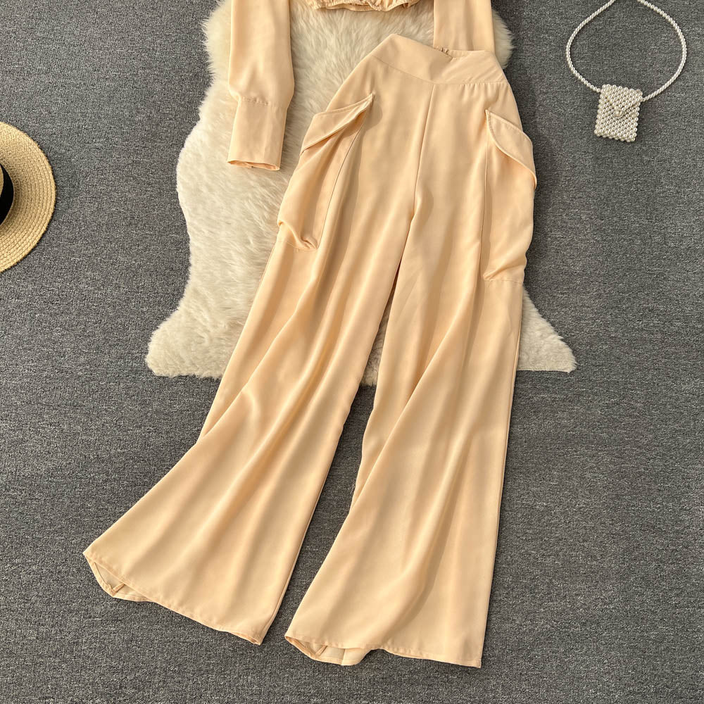 Two Pieces Suits Blouse+Long Pant Retro Casual Sets