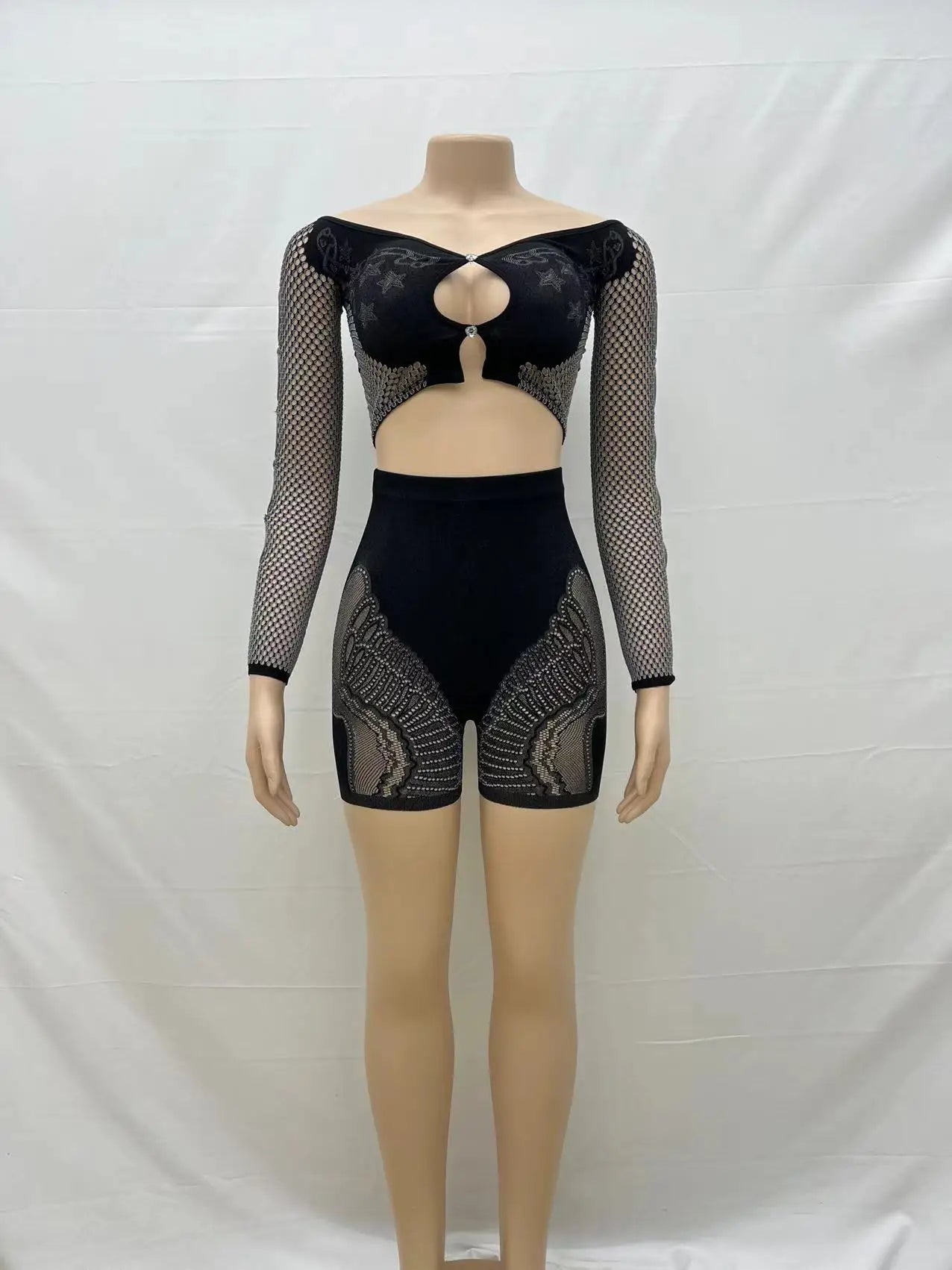 Patchwork Rhinestone Off Shoulder Long Sleeve Crop Tops and Shorts Set